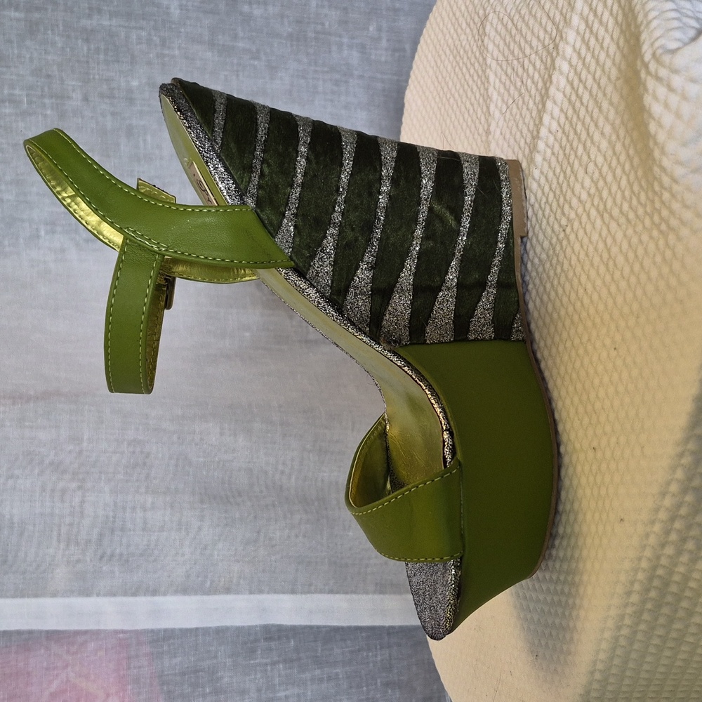 Silver and green open toe platform heels